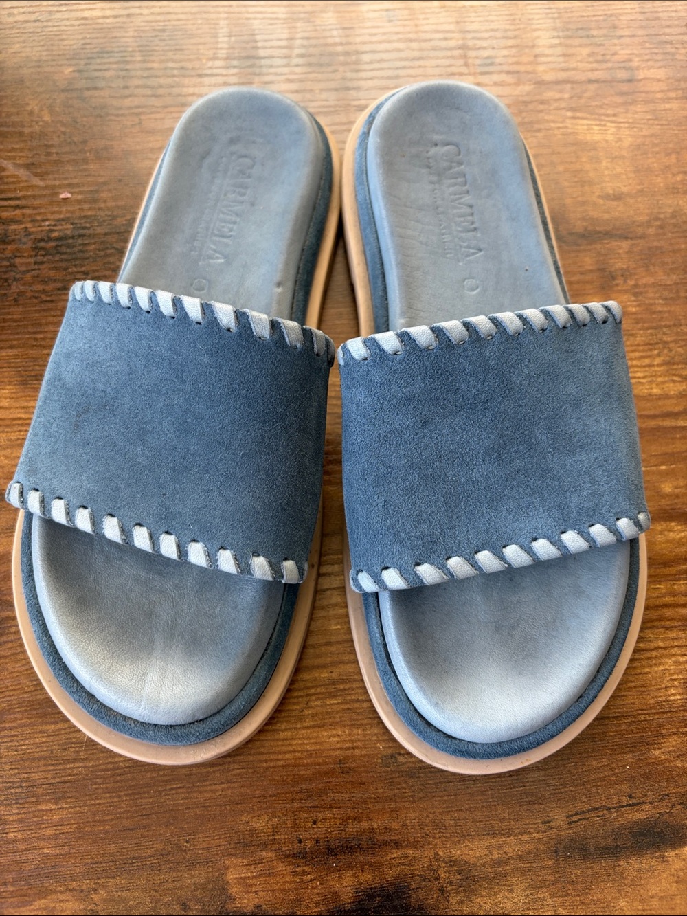 Camilla Blue Suede Slide Sandals with Tan Trim